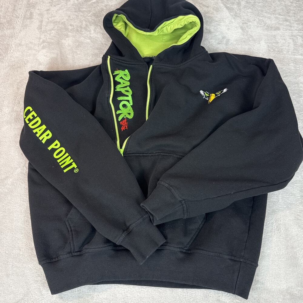 Cedar Point Raptor 1/4 Zip Hoodie Adult XL Black Sweatshirt Embroidered Skate